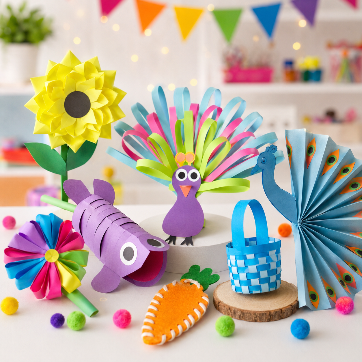 Colorful paper crafts including a flower, peacock, and fish on a white surface with a festive background.