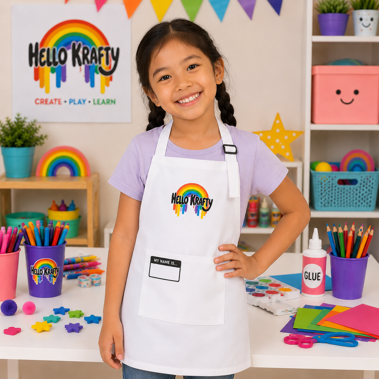 Child wearing a Hello Krafty apron while creating a craft project