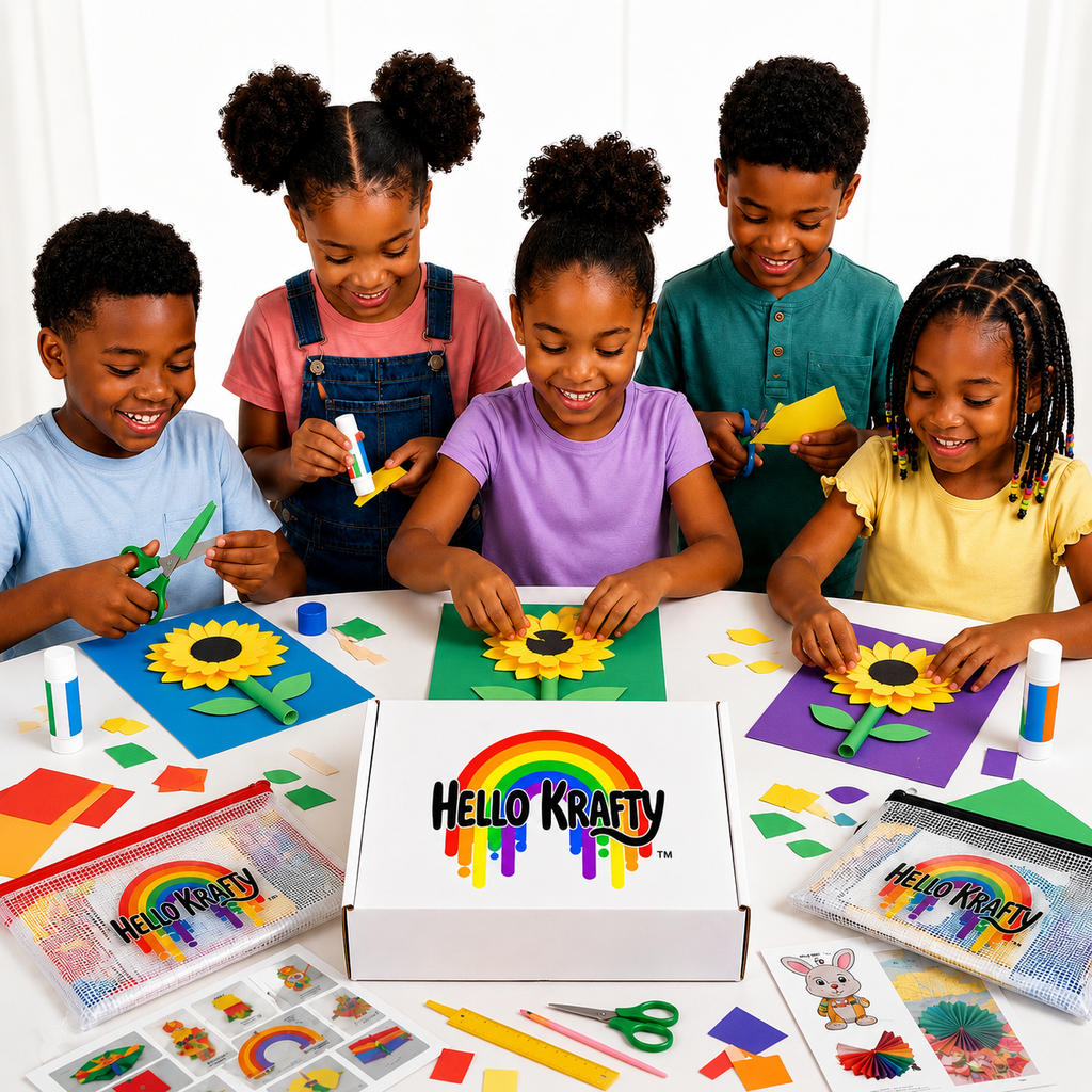 Large family children creating Hello Krafty craft projects together