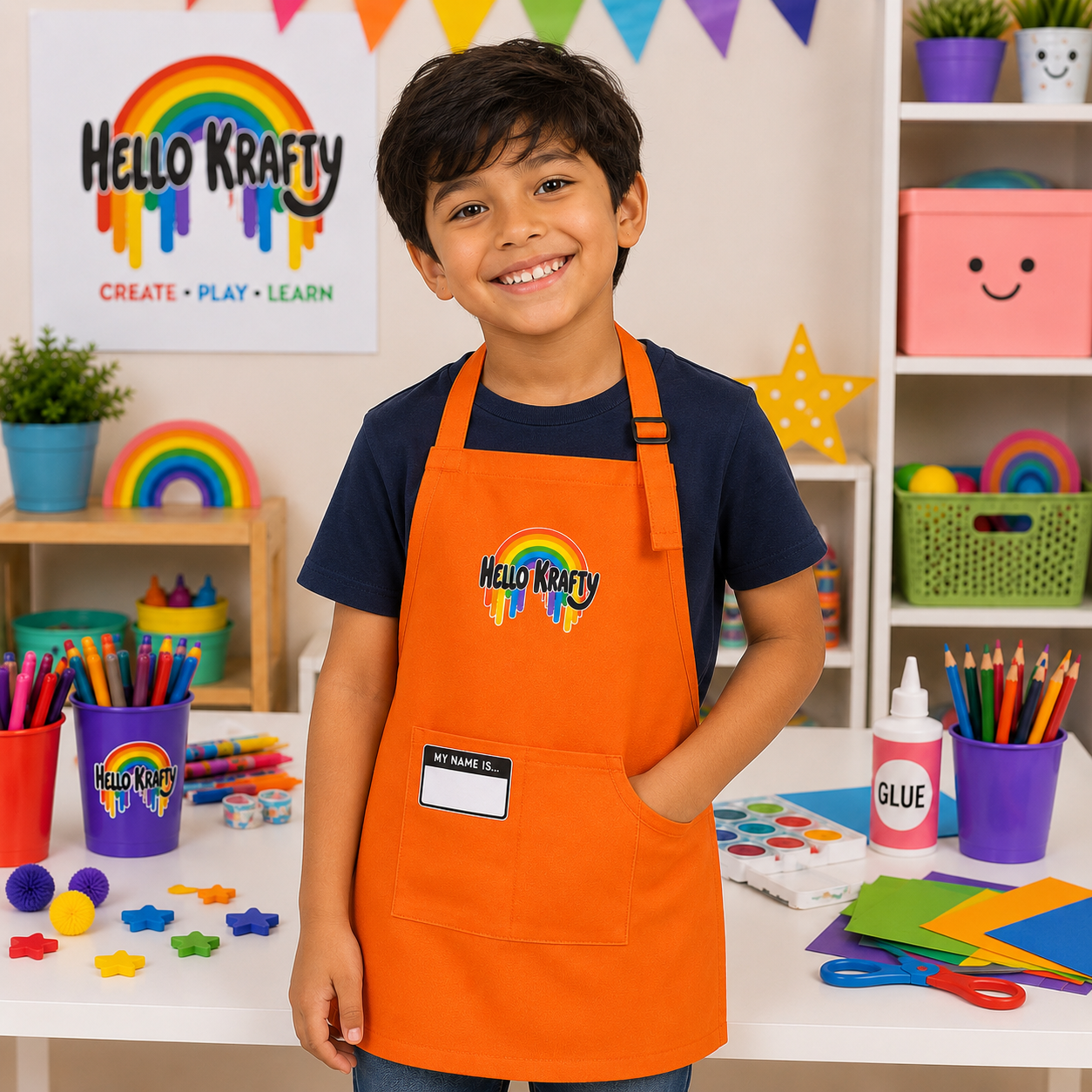 Child wearing a Hello Krafty apron while creating a craft project