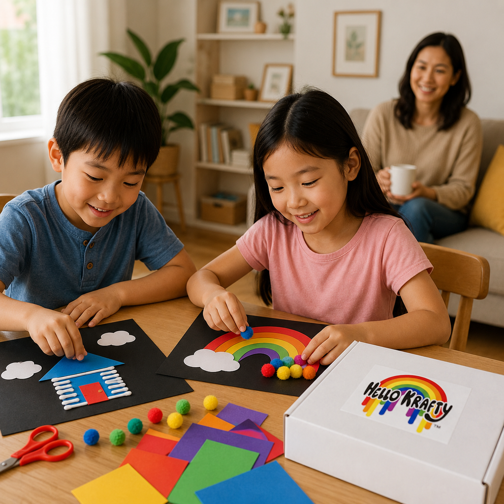 Two children creating separate craft projects from Hello Krafty sibling boxes