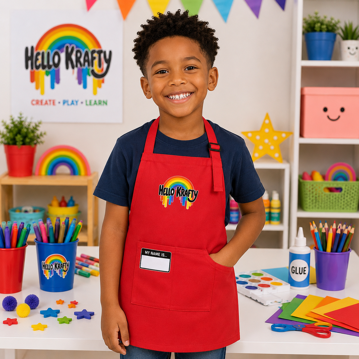 Child wearing a Hello Krafty apron while creating a craft project