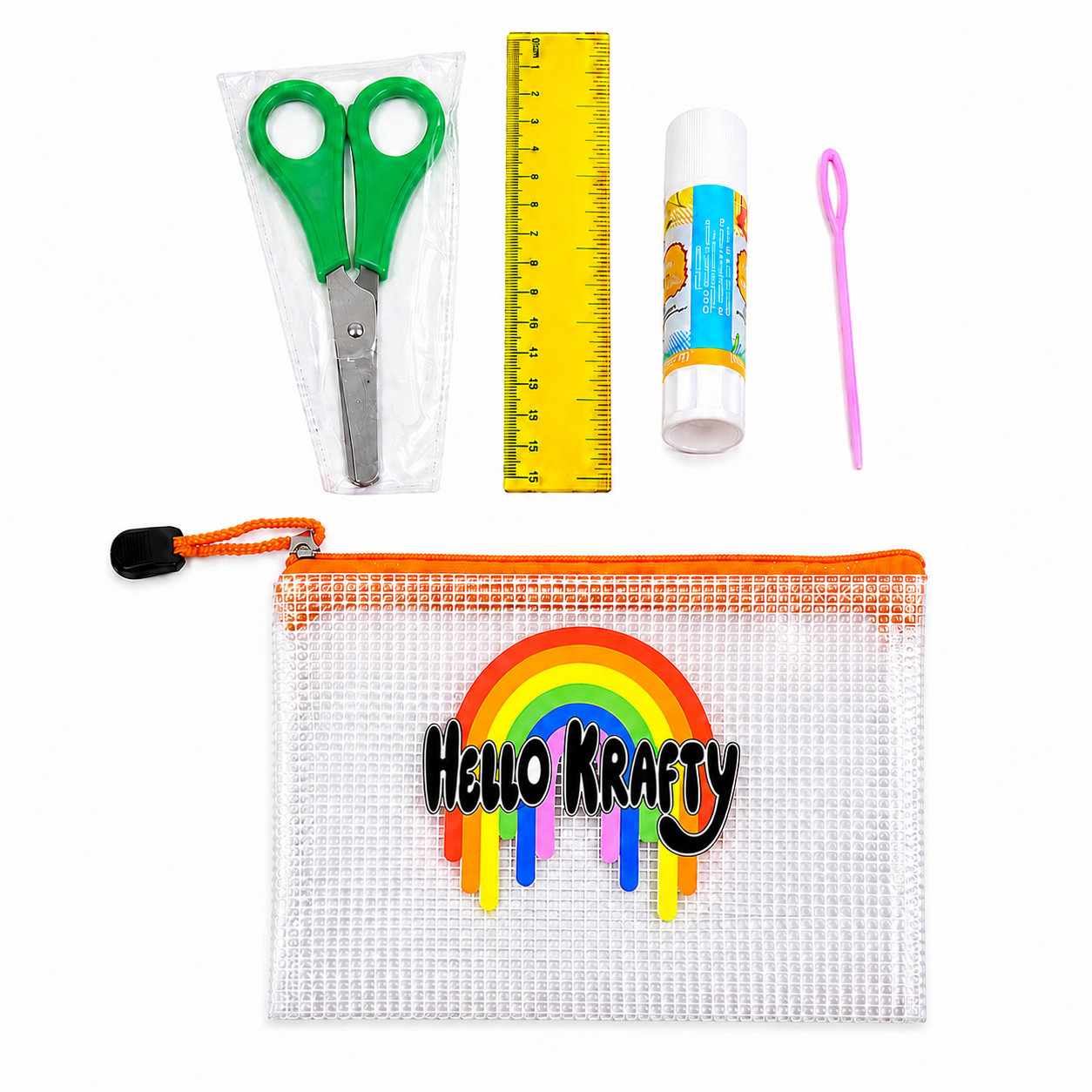 Hello Krafty pouch holding children's craft supplies and art tools