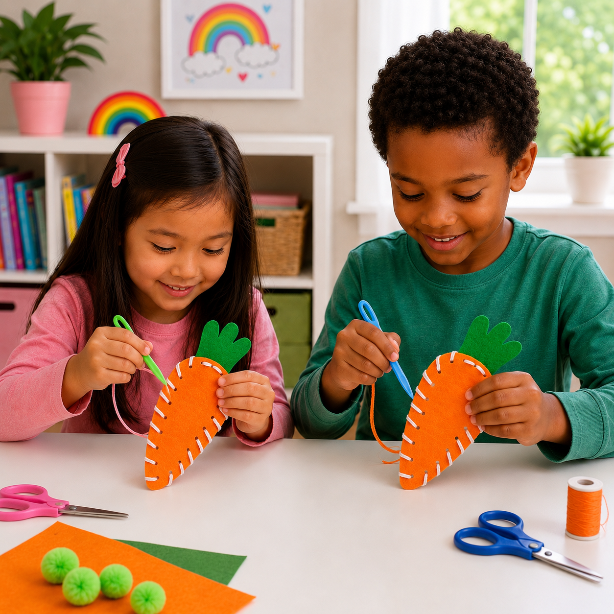 Two children creating separate craft projects from Hello Krafty sibling boxes