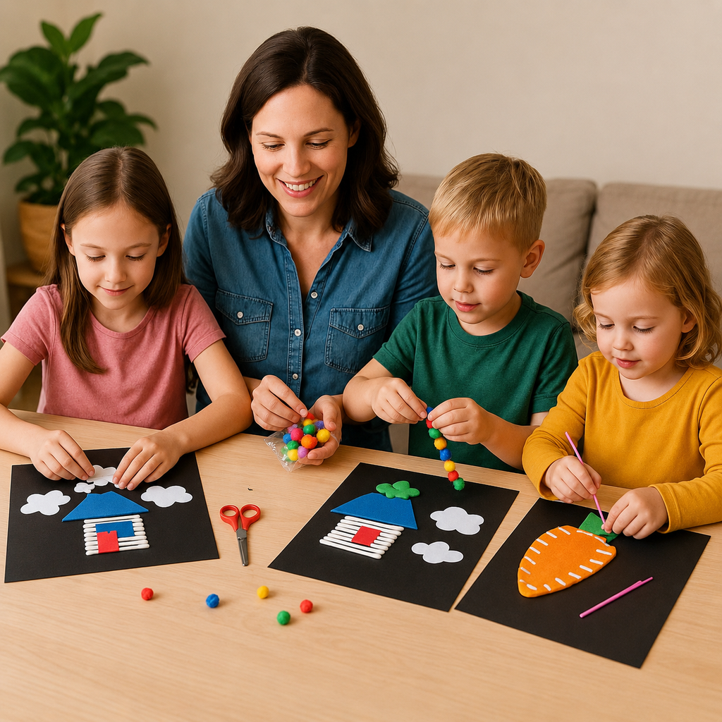 Three children making creative craft projects with Hello Krafty kits