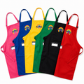 Set of colorful aprons with a brand logo on a white background