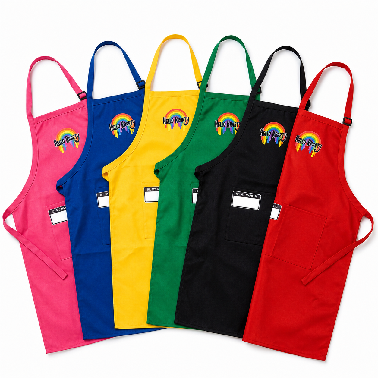 Set of colorful aprons with a brand logo on a white background